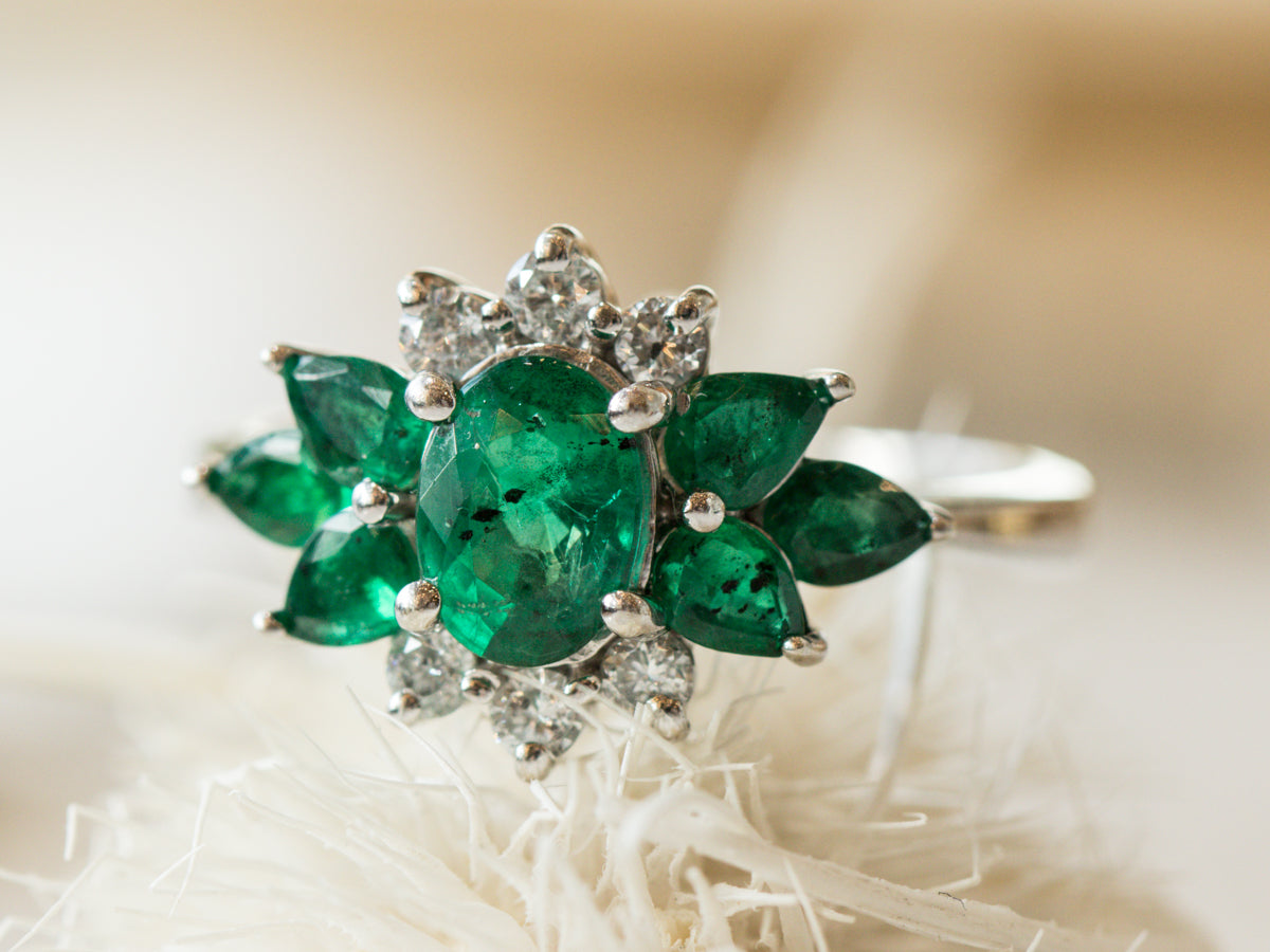 Emerald Cluster Ring w/ Diamond Accents in 14K