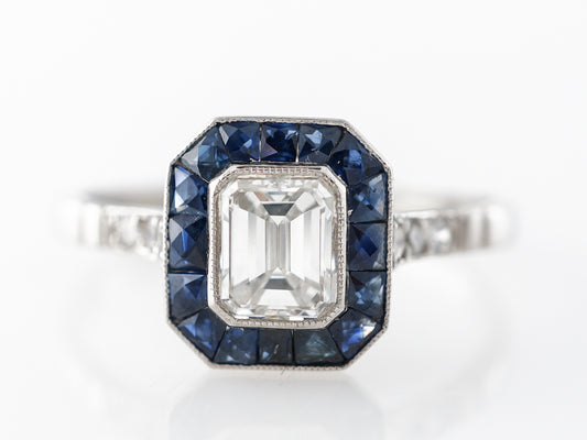 Emerald Cut Diamond w/ Sapphire Engagement Ring in Platinum