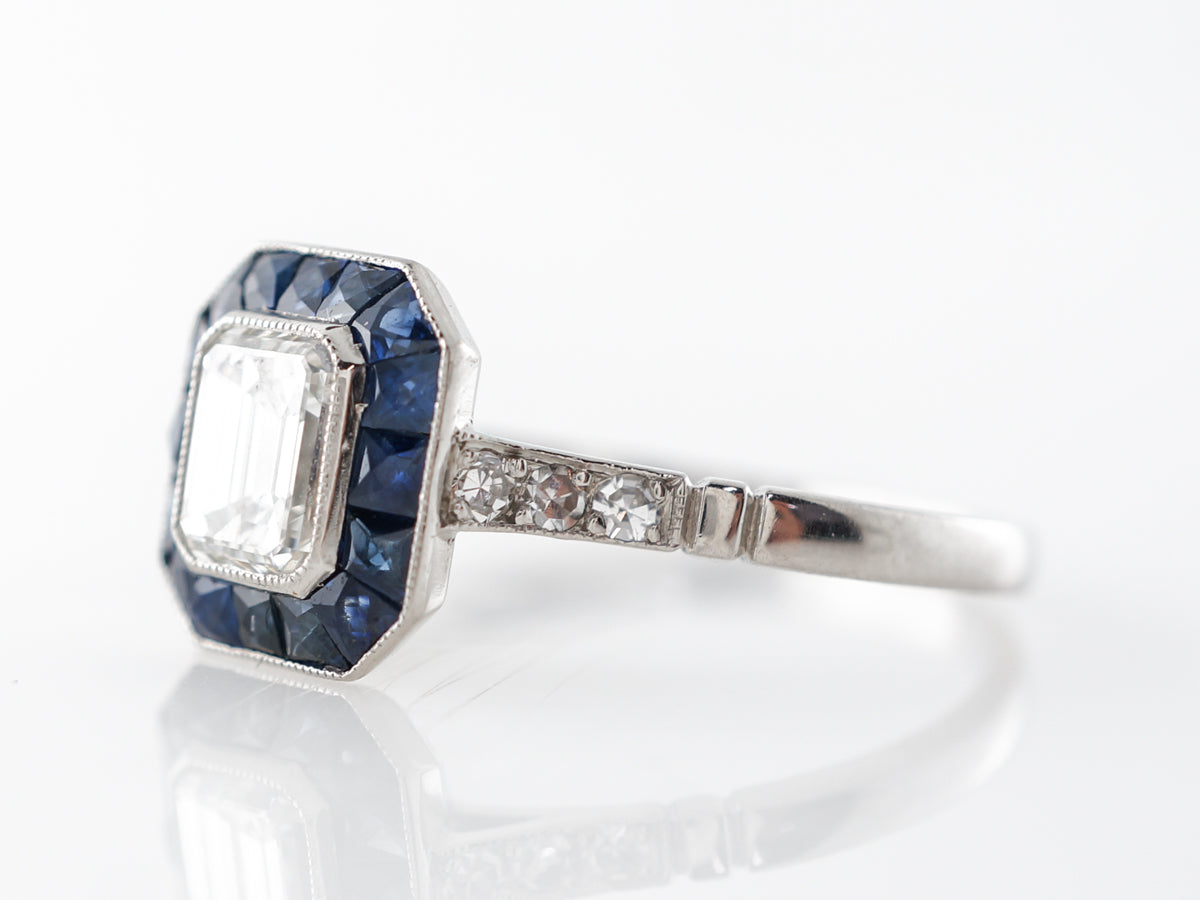Emerald Cut Diamond w/ Sapphire Engagement Ring in Platinum