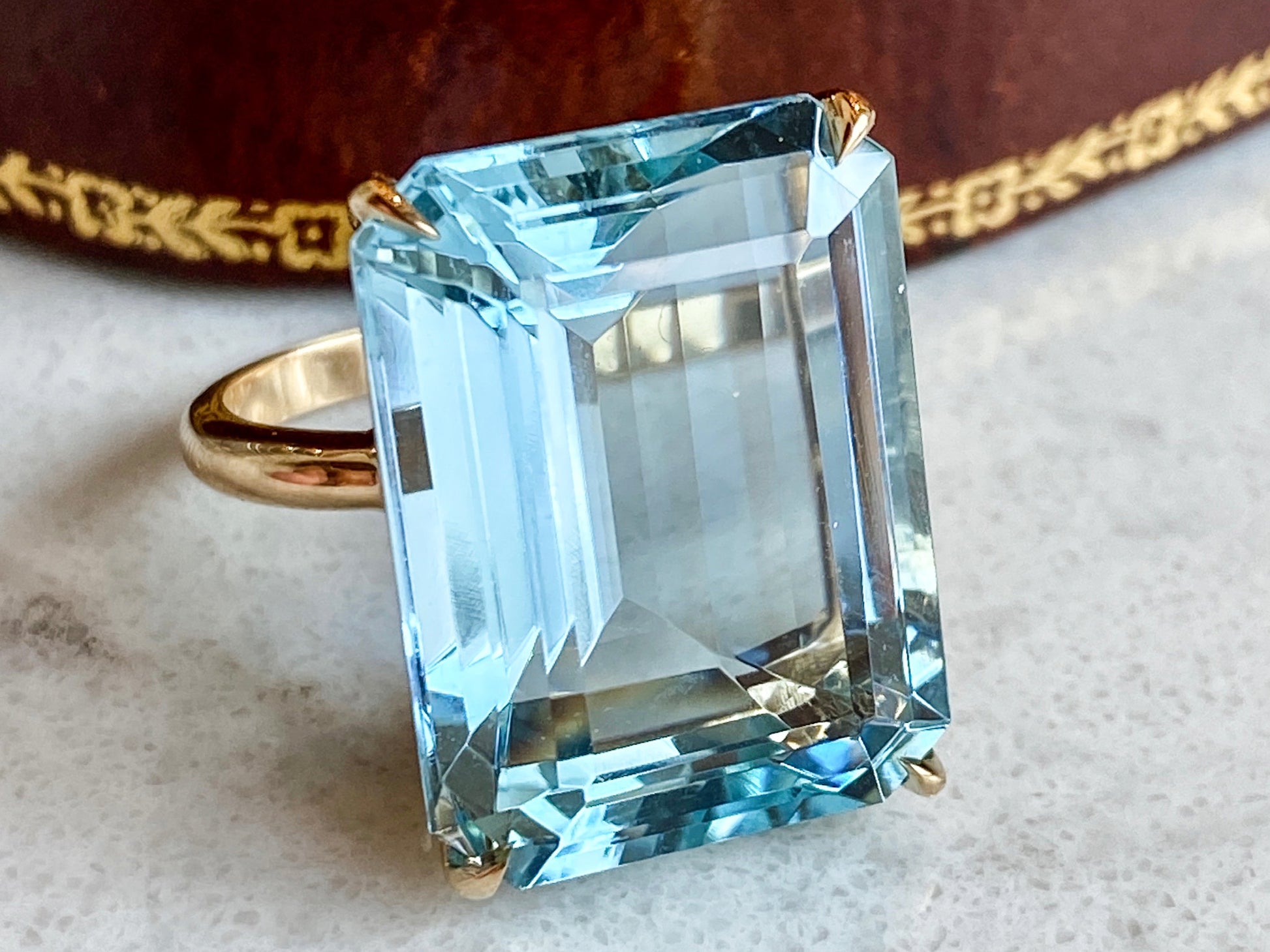 Emerald Cut Aquamarine Cocktail Ring in 18k Yellow Gold – Filigree