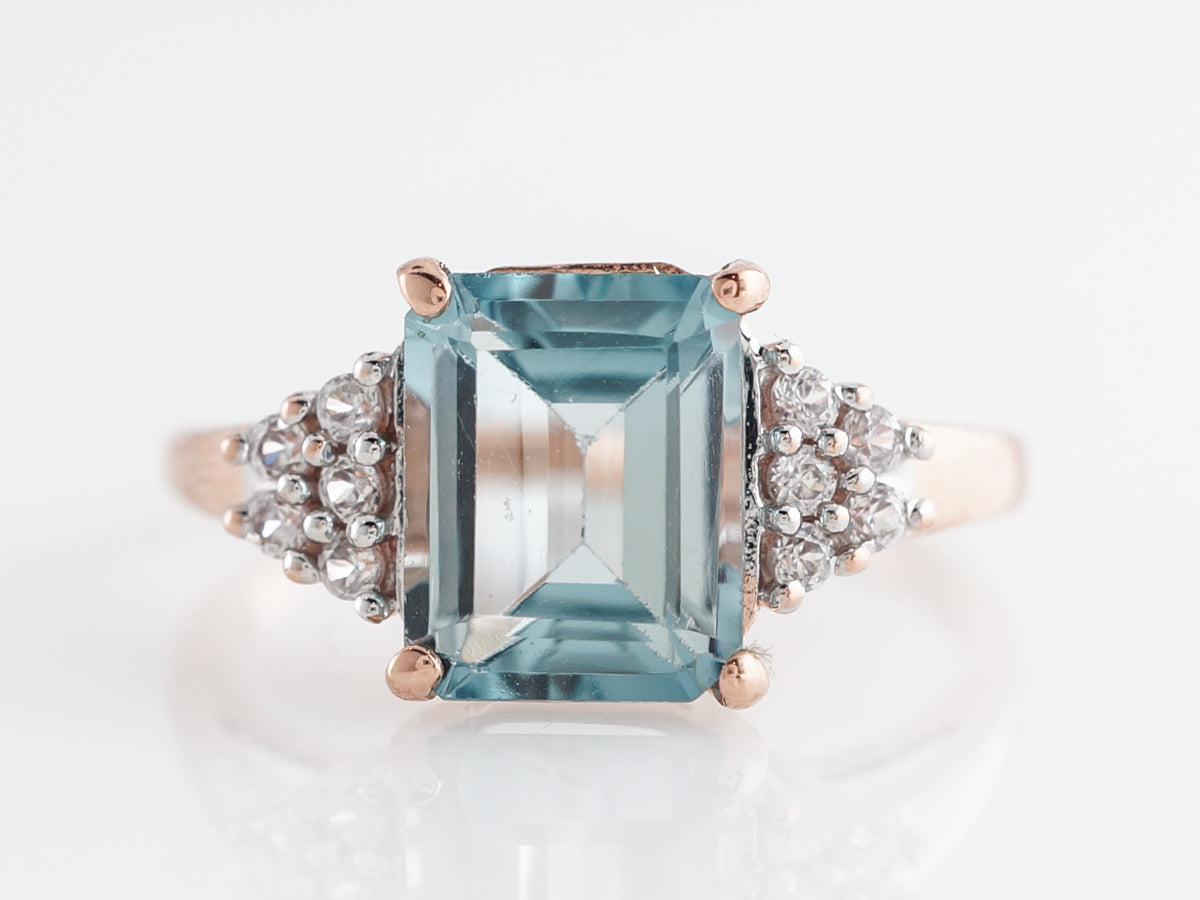 Emerald Cut Aquamarine Ring w/ Diamonds in 10K Rose Gold