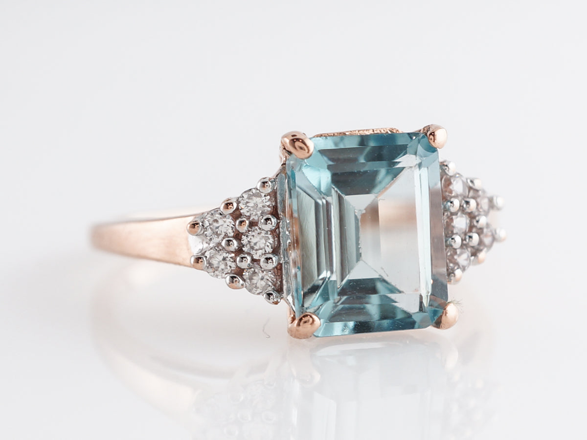 Emerald Cut Aquamarine Ring w/ Diamonds in 10K Rose Gold