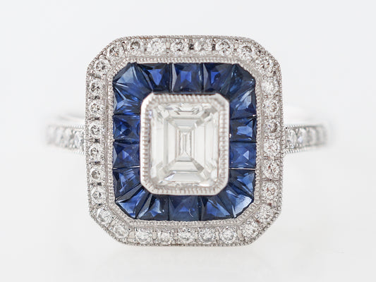 Emerald Cut Diamond & Sapphire Engagement Ring in Platinum