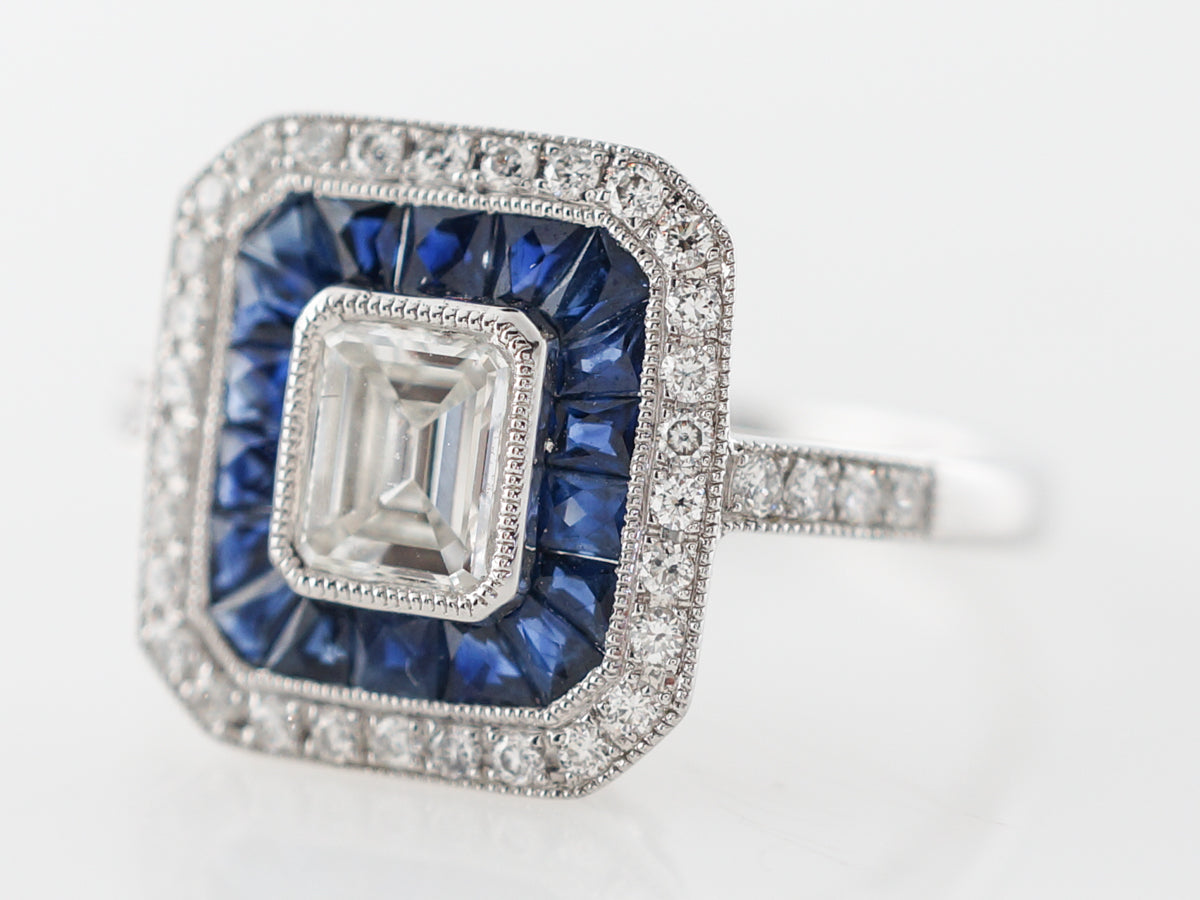Emerald Cut Diamond & Sapphire Engagement Ring in Platinum