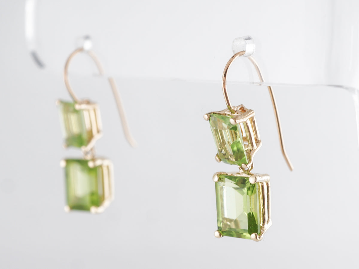 Emerald Cut Peridot Drop Earrings in 14k Yellow Gold