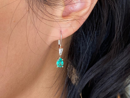 Emerald & Diamond Drop Earrings in 14k White Gold