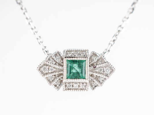 Deco Style Emerald & Diamond Pendant in 18k White Gold