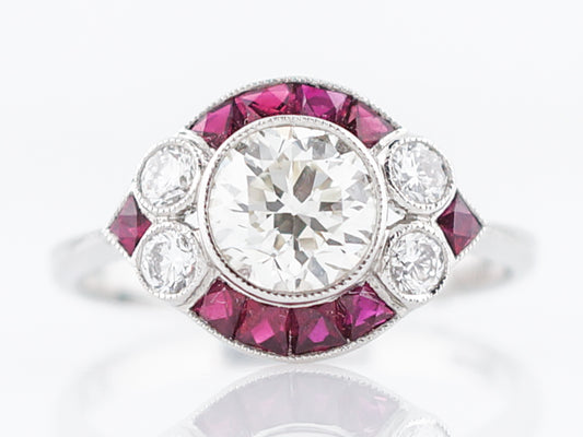 Engagement Ring Art Deco Inspired Modern 1.09 Round Brilliant Cut Diamond & Ruby in Platinum