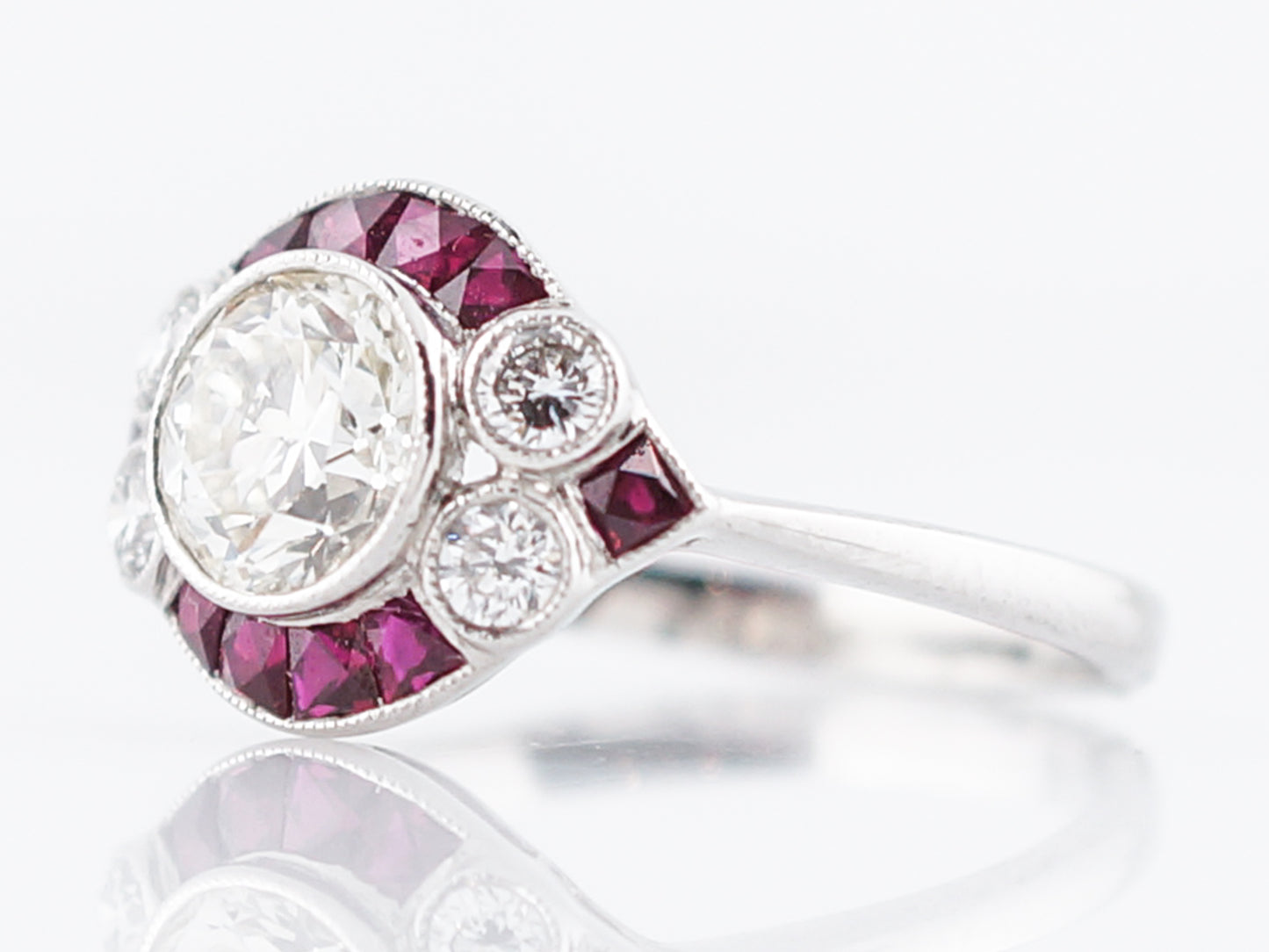 Engagement Ring Art Deco Inspired Modern 1.09 Round Brilliant Cut Diamond & Ruby in Platinum