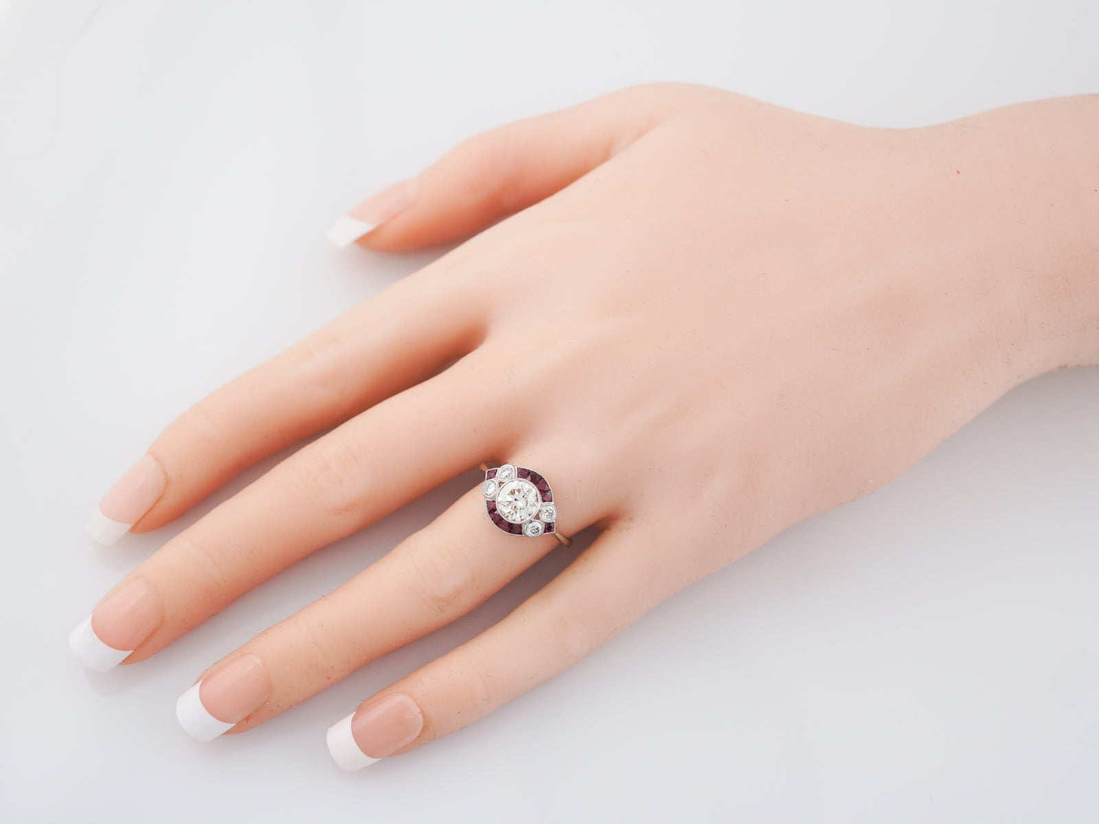 Engagement Ring Art Deco Inspired Modern 1.09 Round Brilliant Cut Diamond & Ruby in Platinum