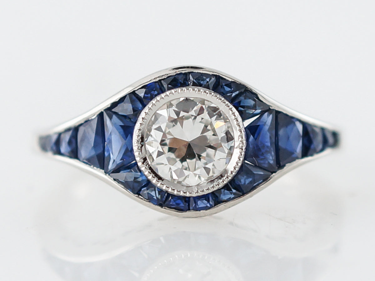 French Cut Sapphire & Diamond Engagement Ring