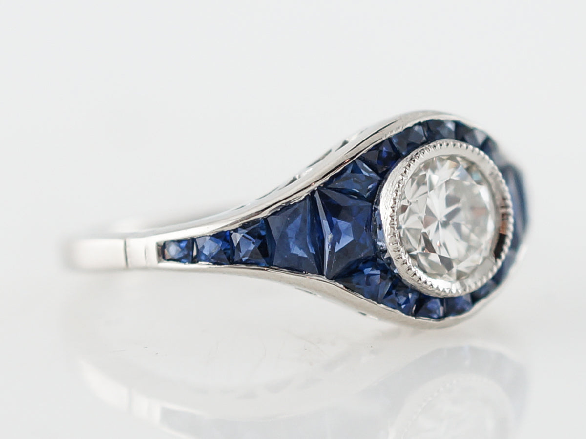 Engagement Ring Modern .63 Old European Cut Diamond & Sapphire in Platinum