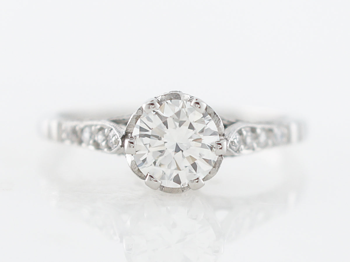 Vintage Style Engagement Ring Round Brilliant Cut Diamond in Platinum