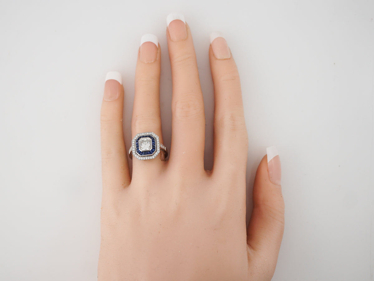 Radiant Cut Diamond & Sapphire Halo Engagement Ring