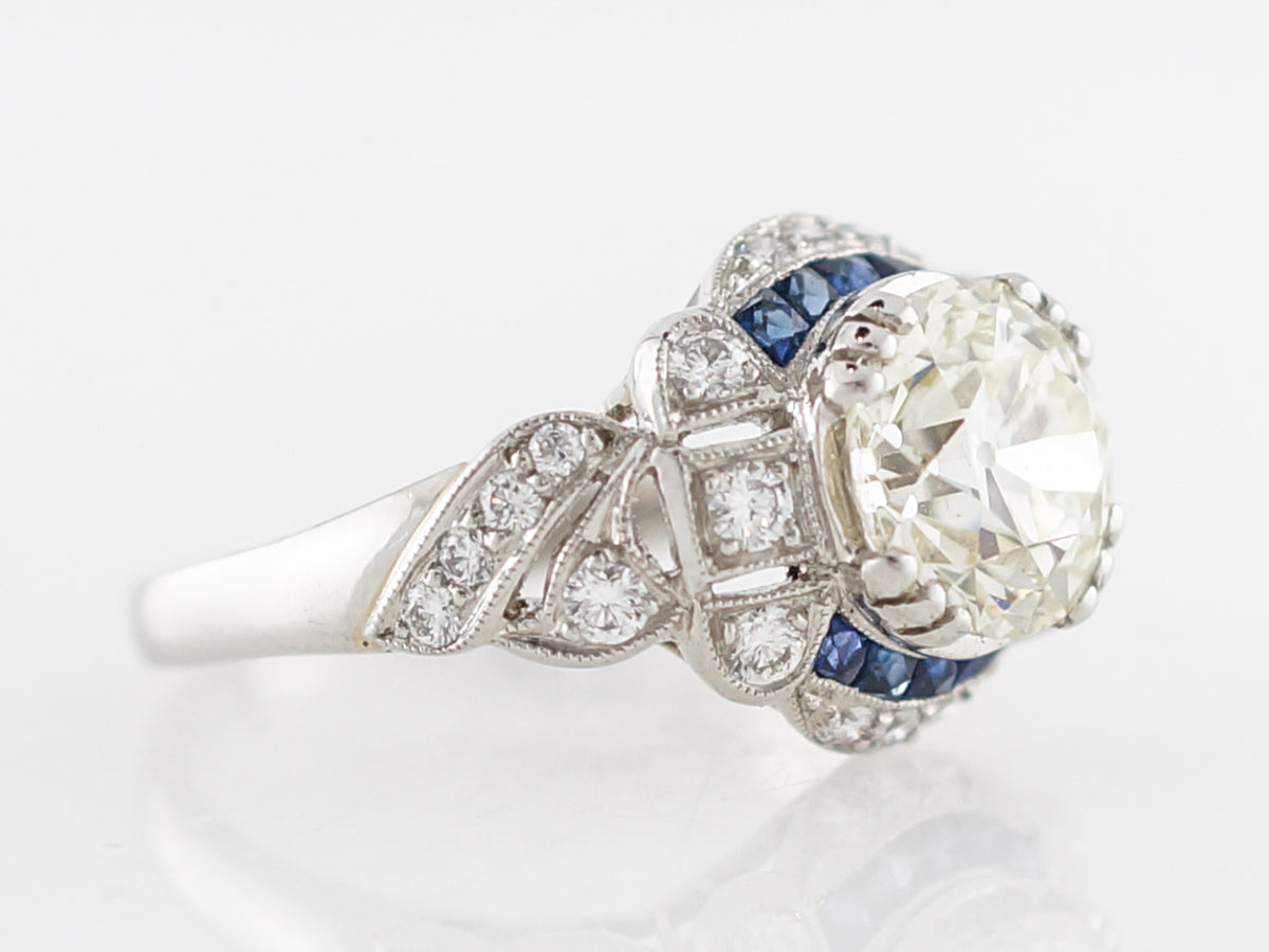 Two Carat Old European Cut Diamond & Sapphire Engagement Ring