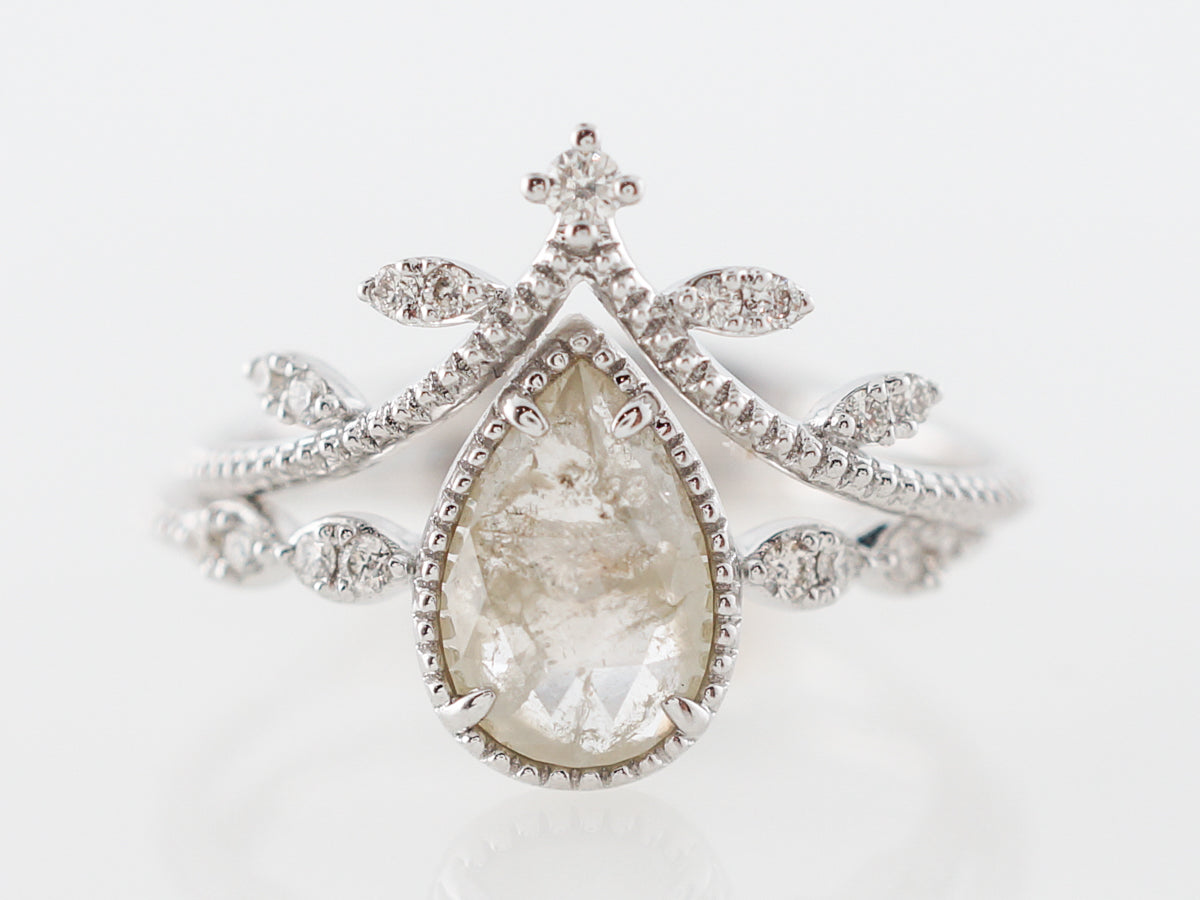 Vintage Style Pear Cut Grey Diamond Engagement Ring & Wedding Band