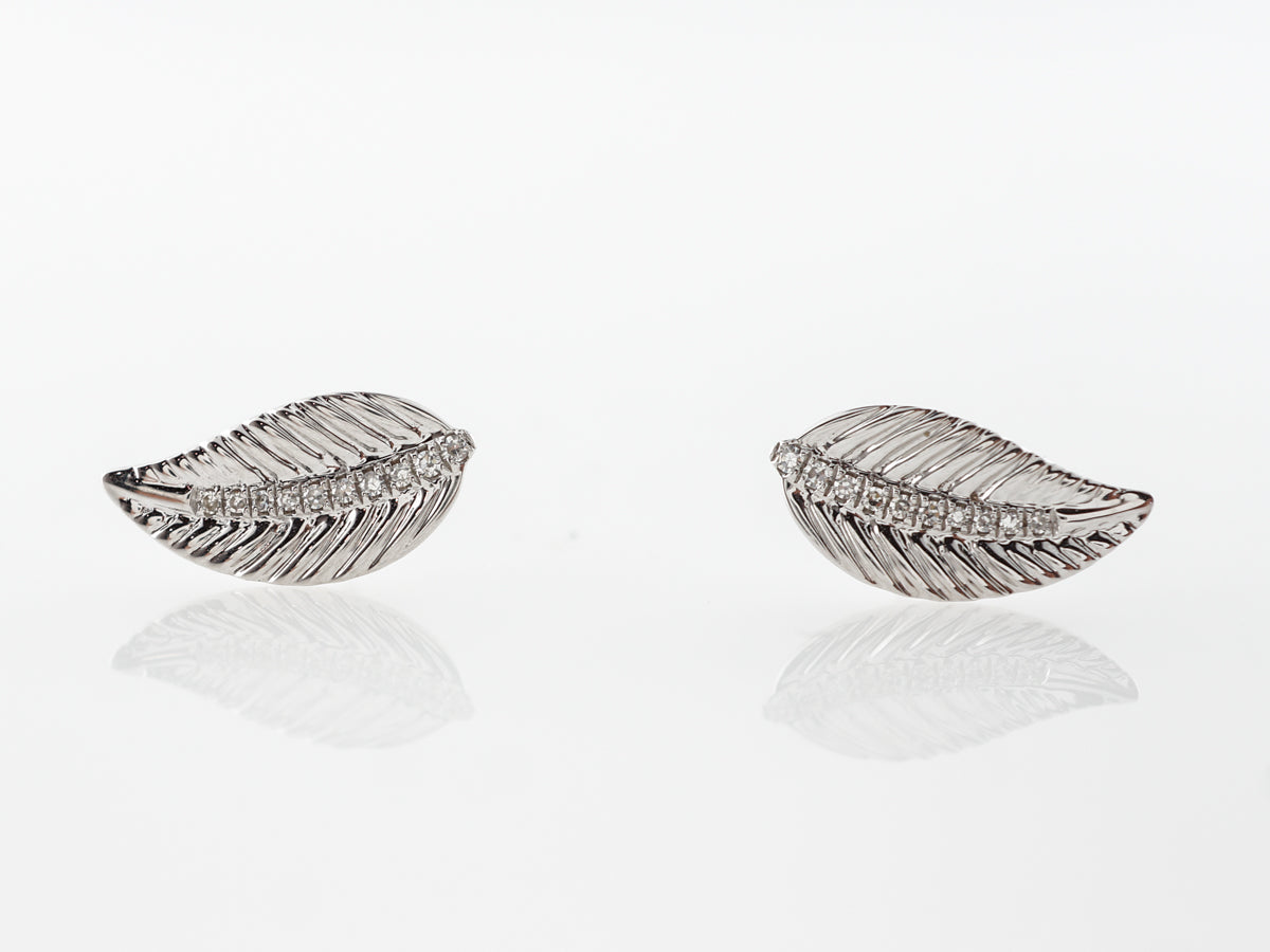 Engraved Leaf Earring Studs in 18k White Gold