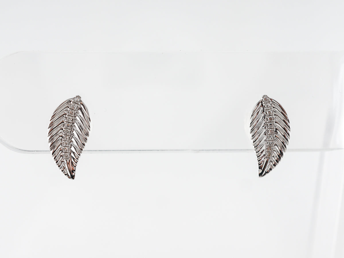 Engraved Leaf Earring Studs in 18k White Gold