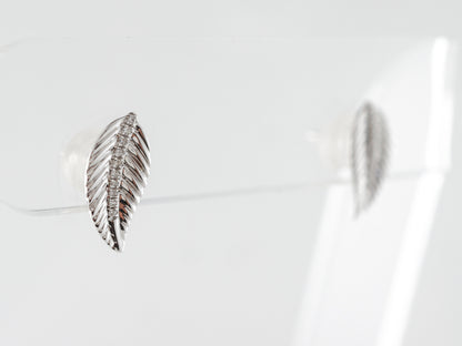 Engraved Leaf Earring Studs in 18k White Gold