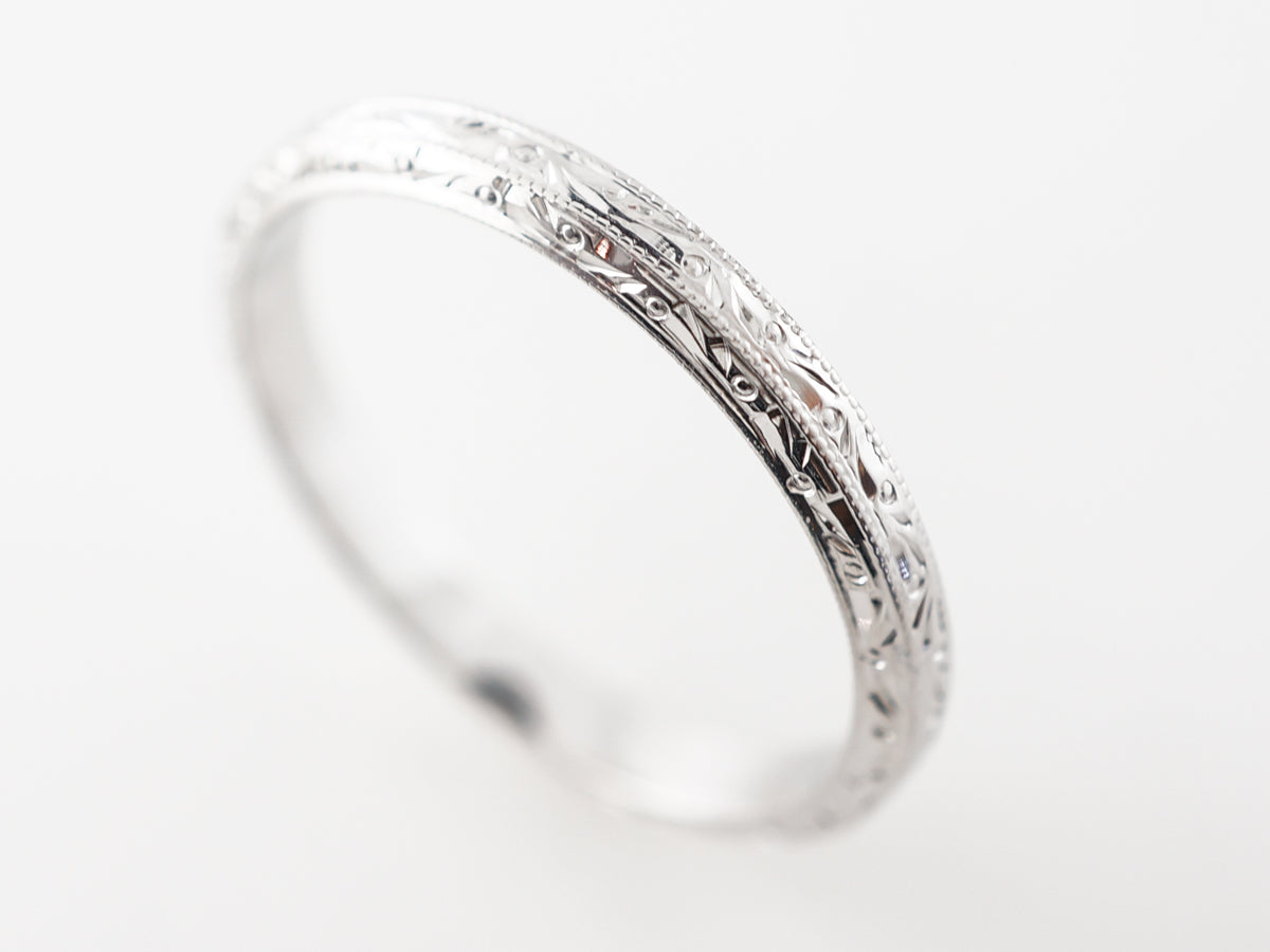 Engraved Antique Art Deco Wedding Band in White Gold