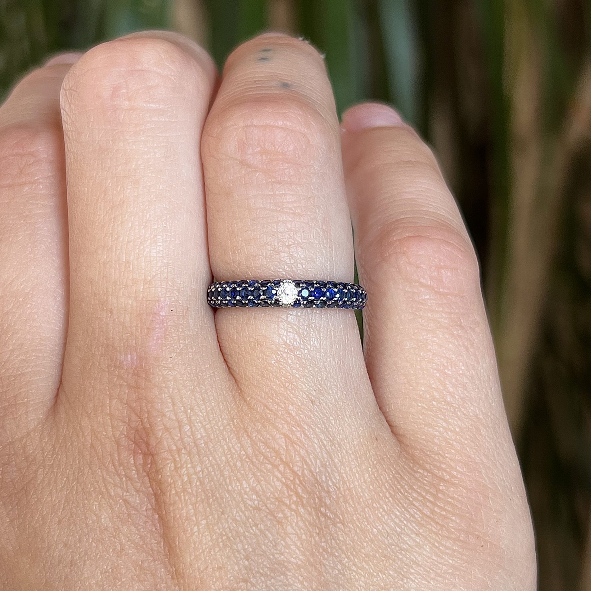 Pave Blue Sapphire & Diamond Band in 14k White Gold