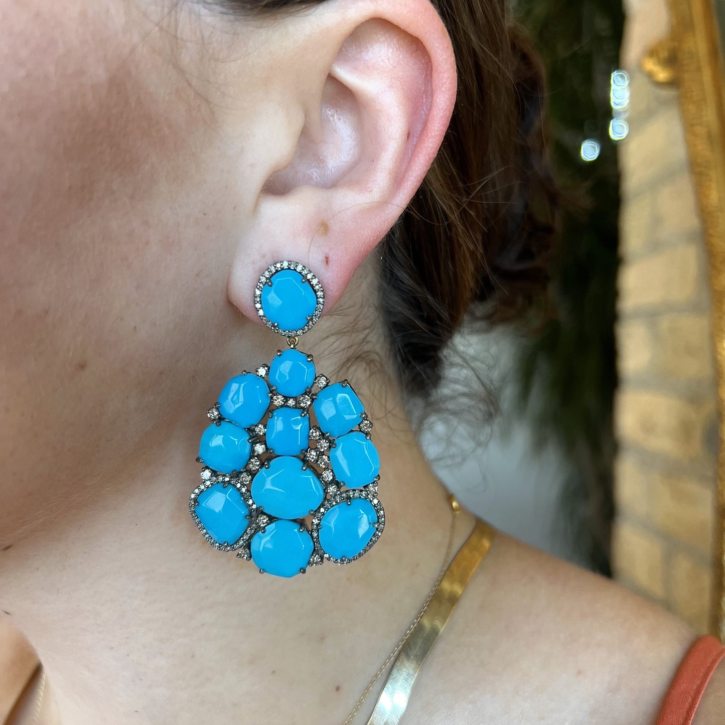 Turquoise Cluster Drop Earrings in Sterling Silver