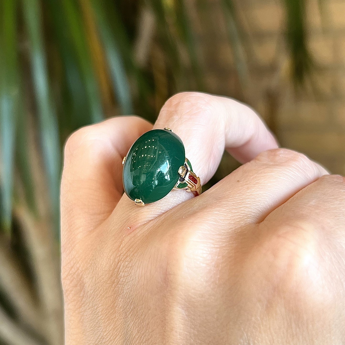 Art Deco Green Onyx & Enamel Ring in 14k Yellow Gold