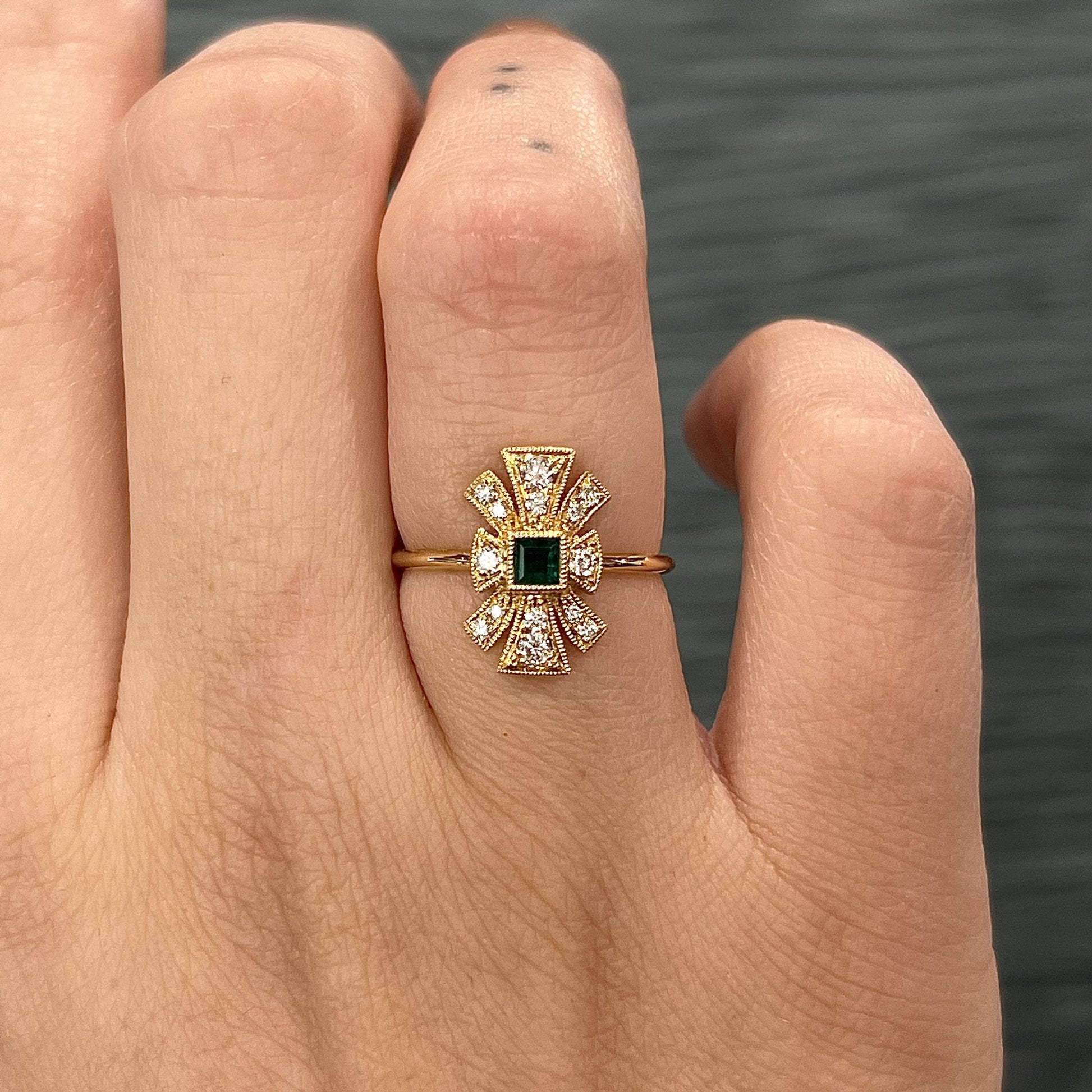 Antique Inspired Square Emerald & Diamond Cluster Ring in 18k