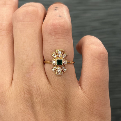 Antique Inspired Square Emerald & Diamond Cluster Ring in 18k
