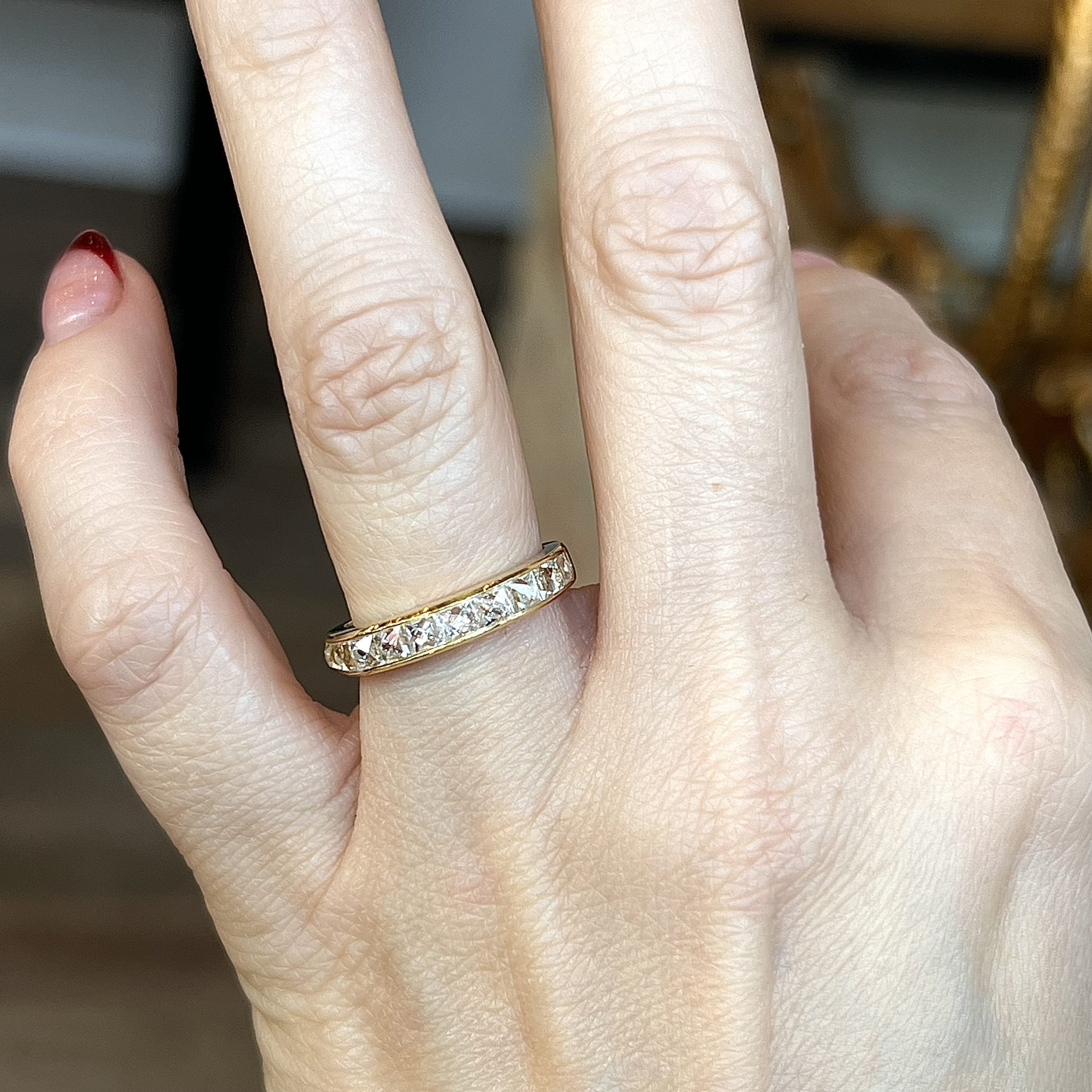 Channel Set French Cut Diamond Band in 18k Yellow Gold Filigree Jewelers
