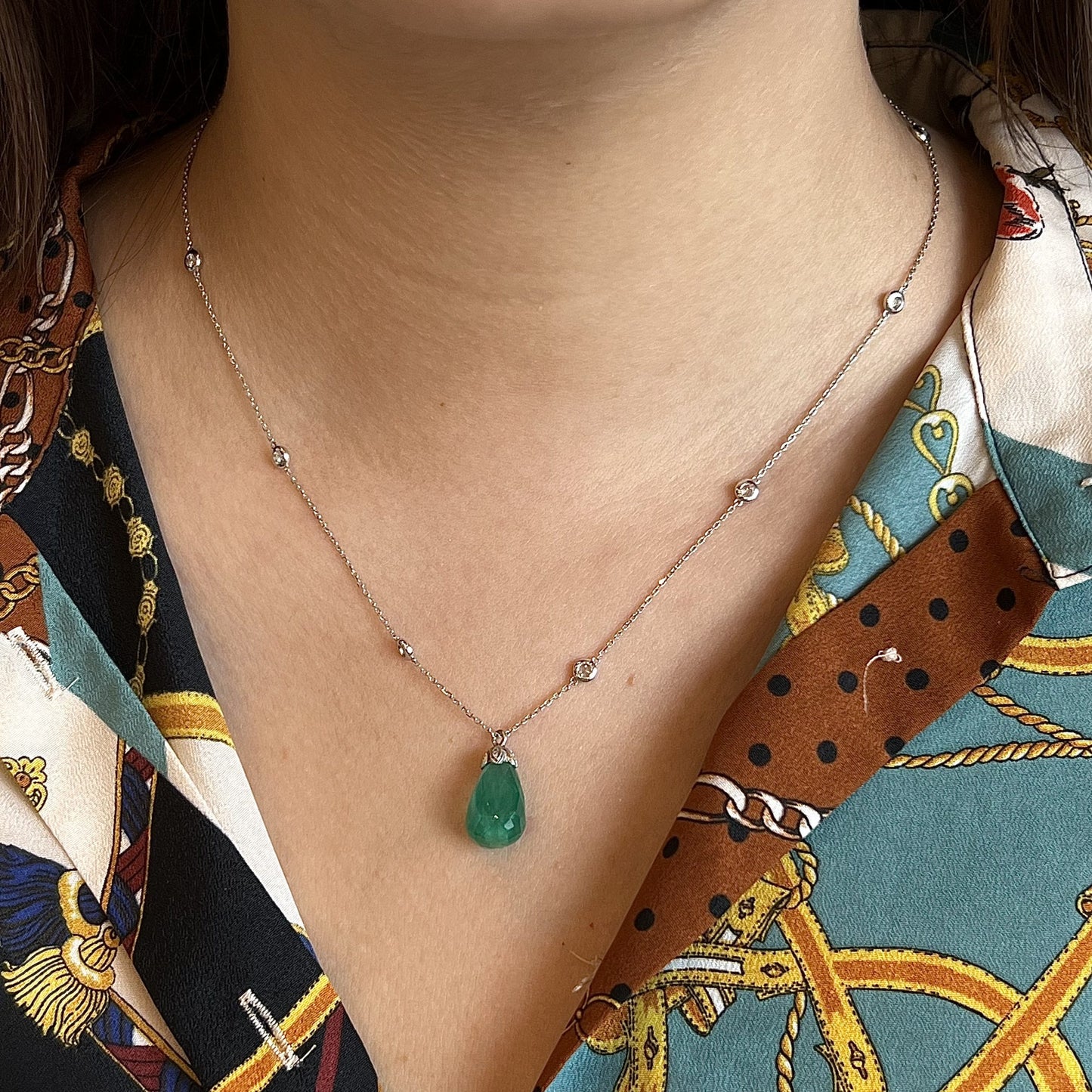 Emerald Briolette Pendant & Diamond Necklace in 14k White Gold