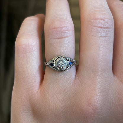 Filigree Diamond & Sapphire Engagement Ring in 18k White Gold