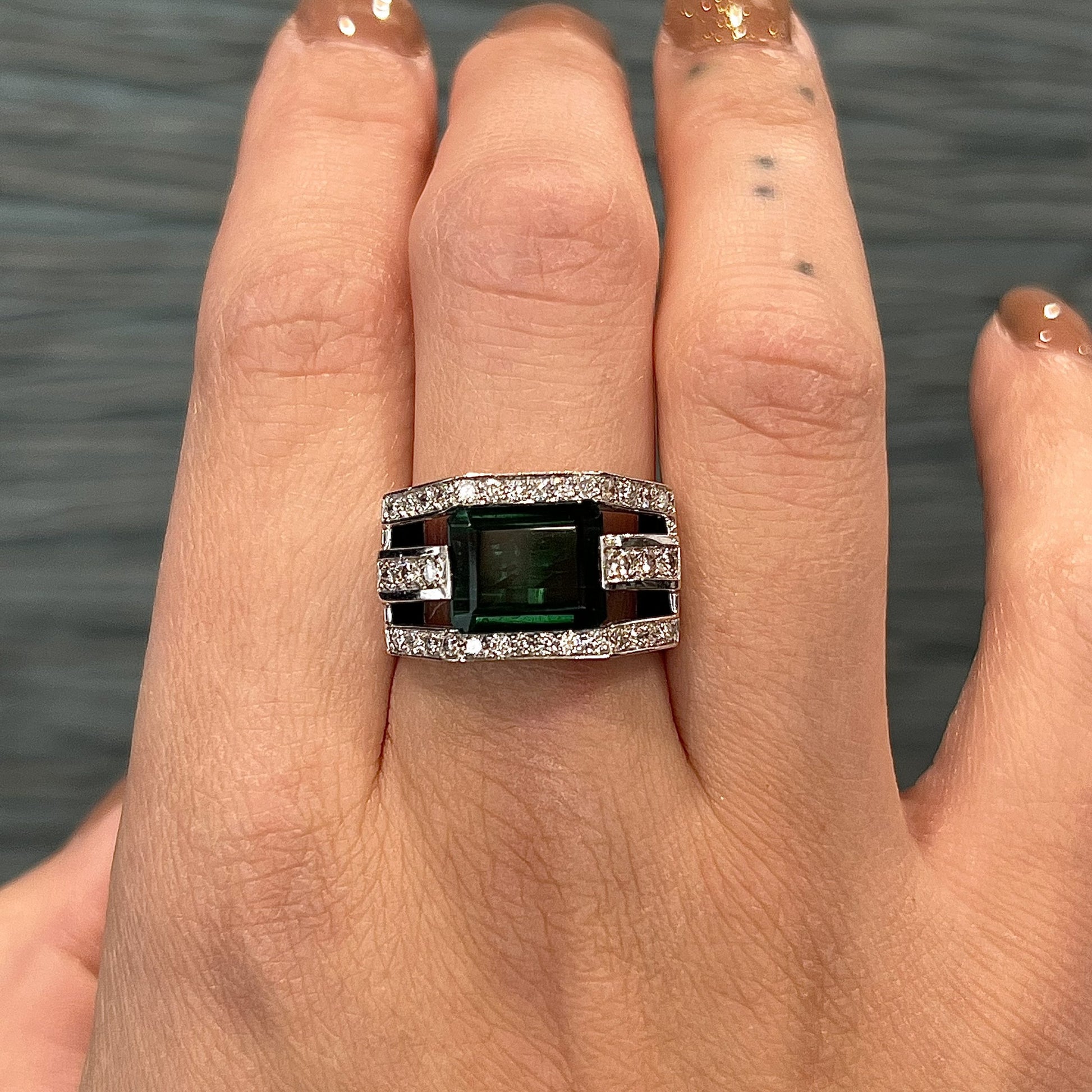 Chunky Green Tourmaline Diamond Ring 18k White Gold – Filigree