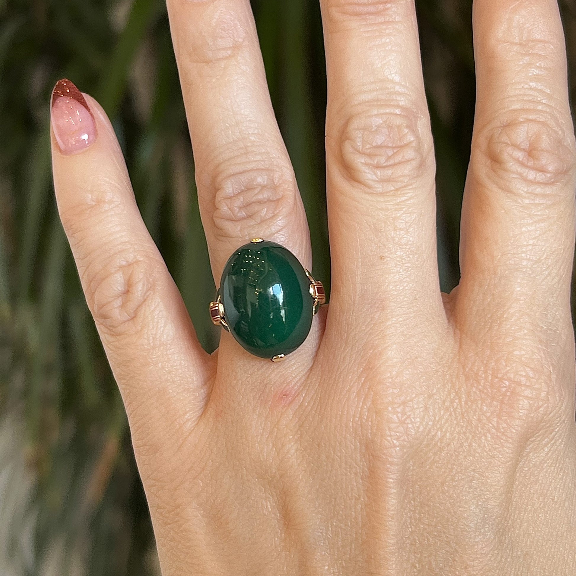 Art Deco Green Onyx & Enamel Ring in 14k Yellow Gold