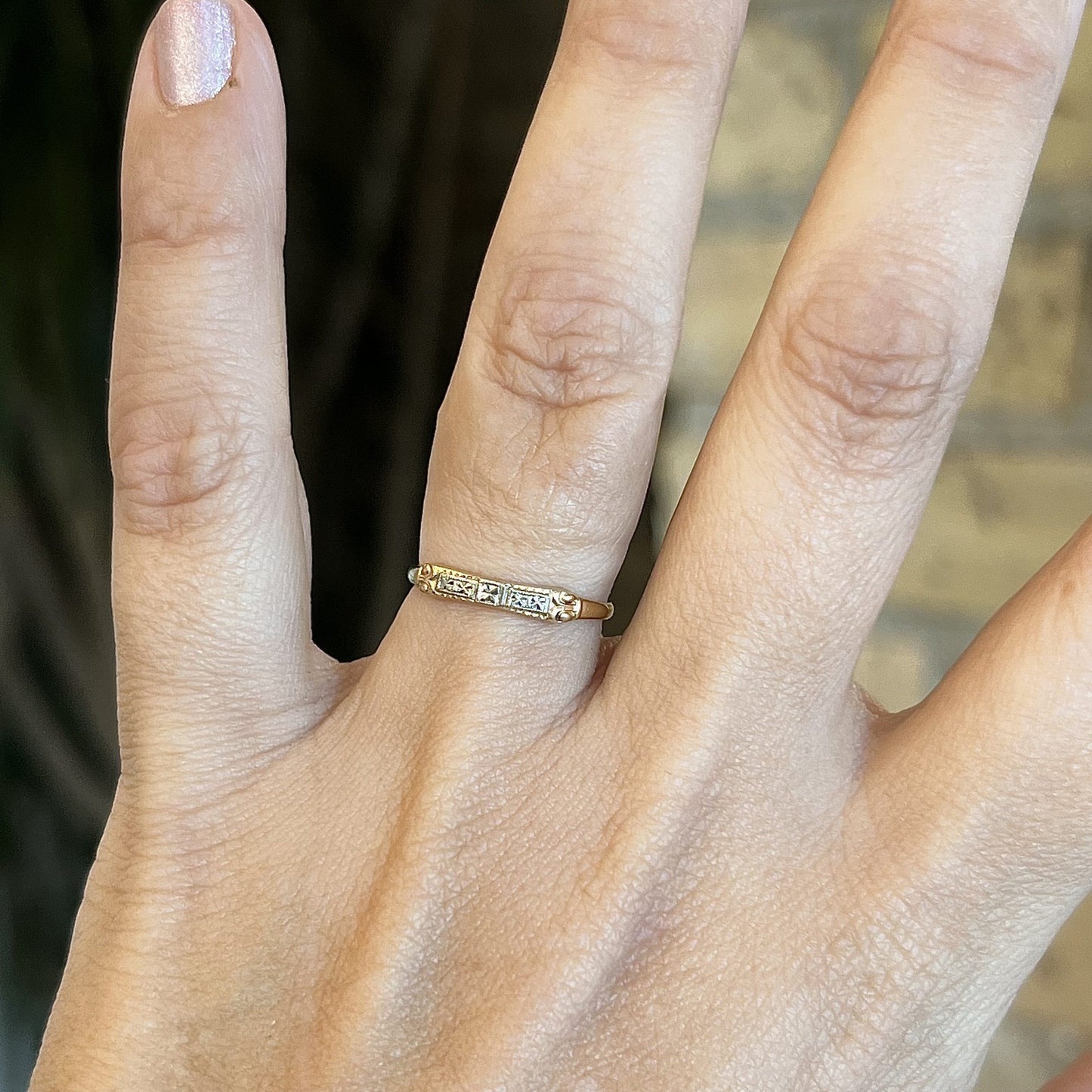 Retro Two-Toned Delicate Wedding Band in 14k Gold