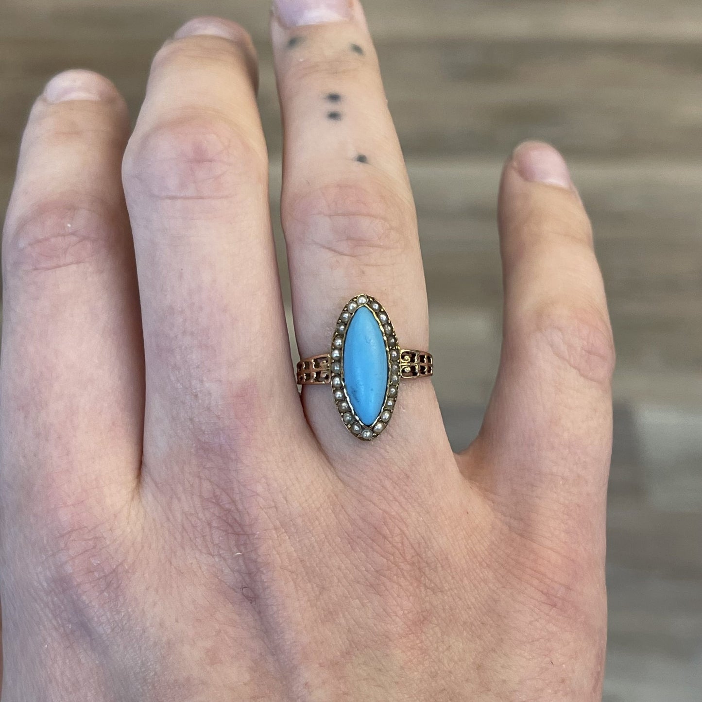 Victorian Turquoise & Seed Pearl Ring in 14k Yellow Gold