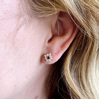 Diamond & Ruby Cluster Stud Earrings in 14k Yellow Gold