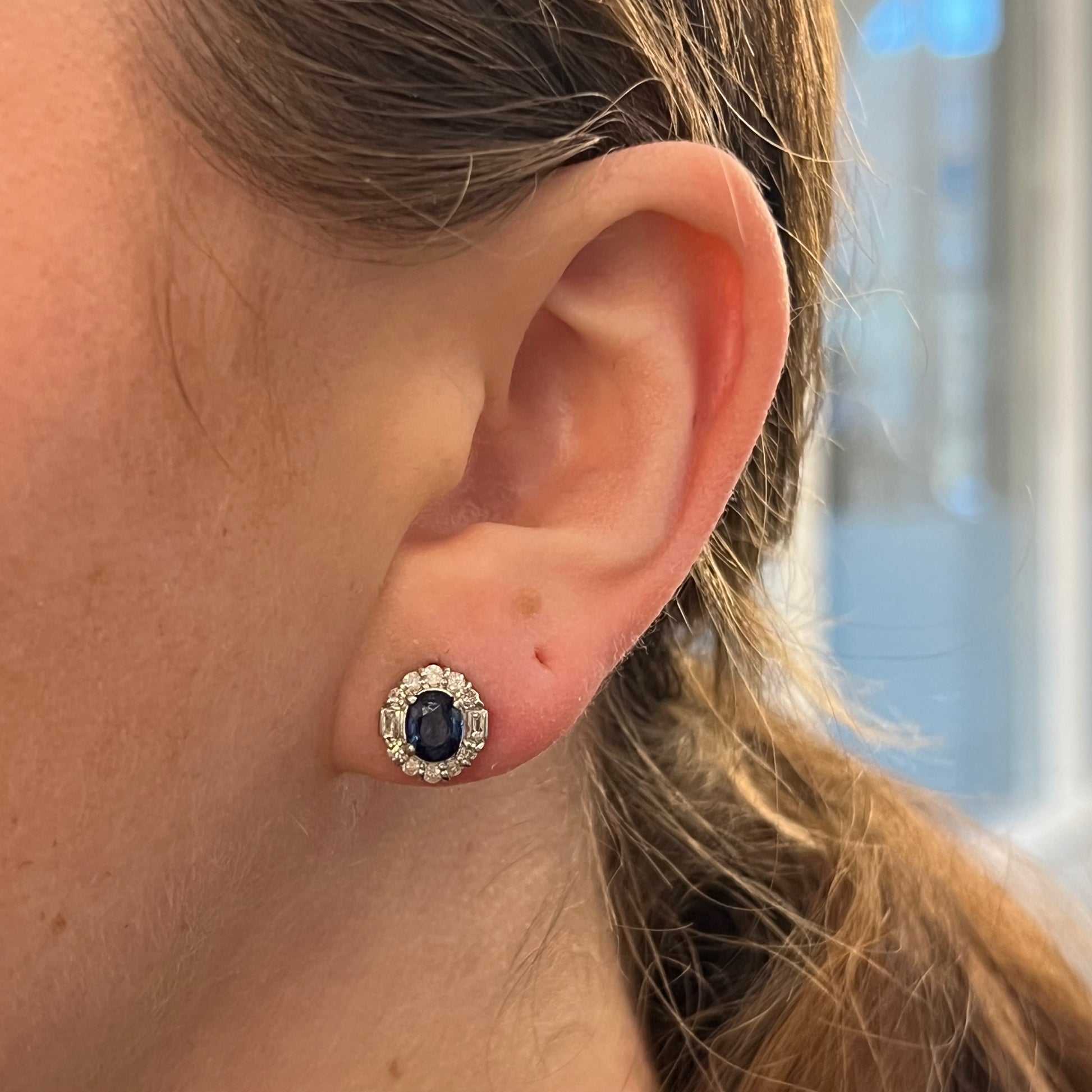 Diamond Halo Sapphire Stud Earrings in 18k White Gold