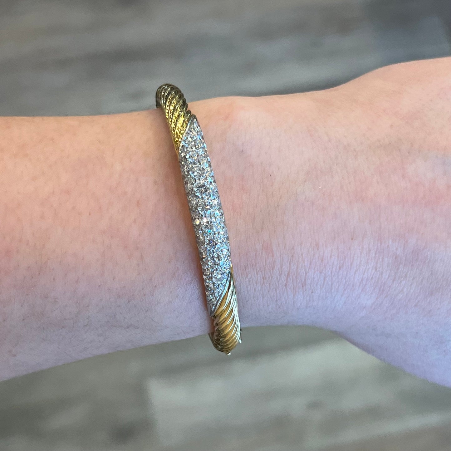 Textured Pave Diamond Bangle Bracelet in 18k Yellow Gold
