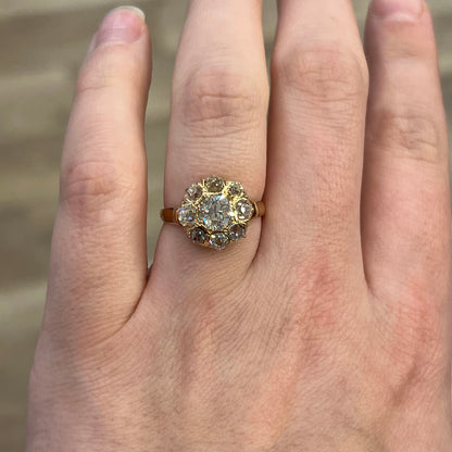 .97 Victorian Diamond Cluster Engagement Ring in 18k Yellow Gold