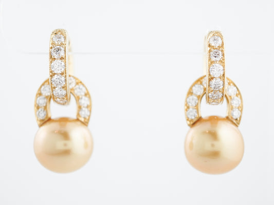 Golden Australian Pearl Earrings Modern 1.60 Round Brilliant Cut Diamond in 18k Yellow Gold