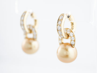Golden Australian Pearl Earrings Modern 1.60 Round Brilliant Cut Diamond in 18k Yellow Gold