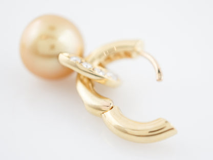 Golden Australian Pearl Earrings Modern 1.60 Round Brilliant Cut Diamond in 18k Yellow Gold