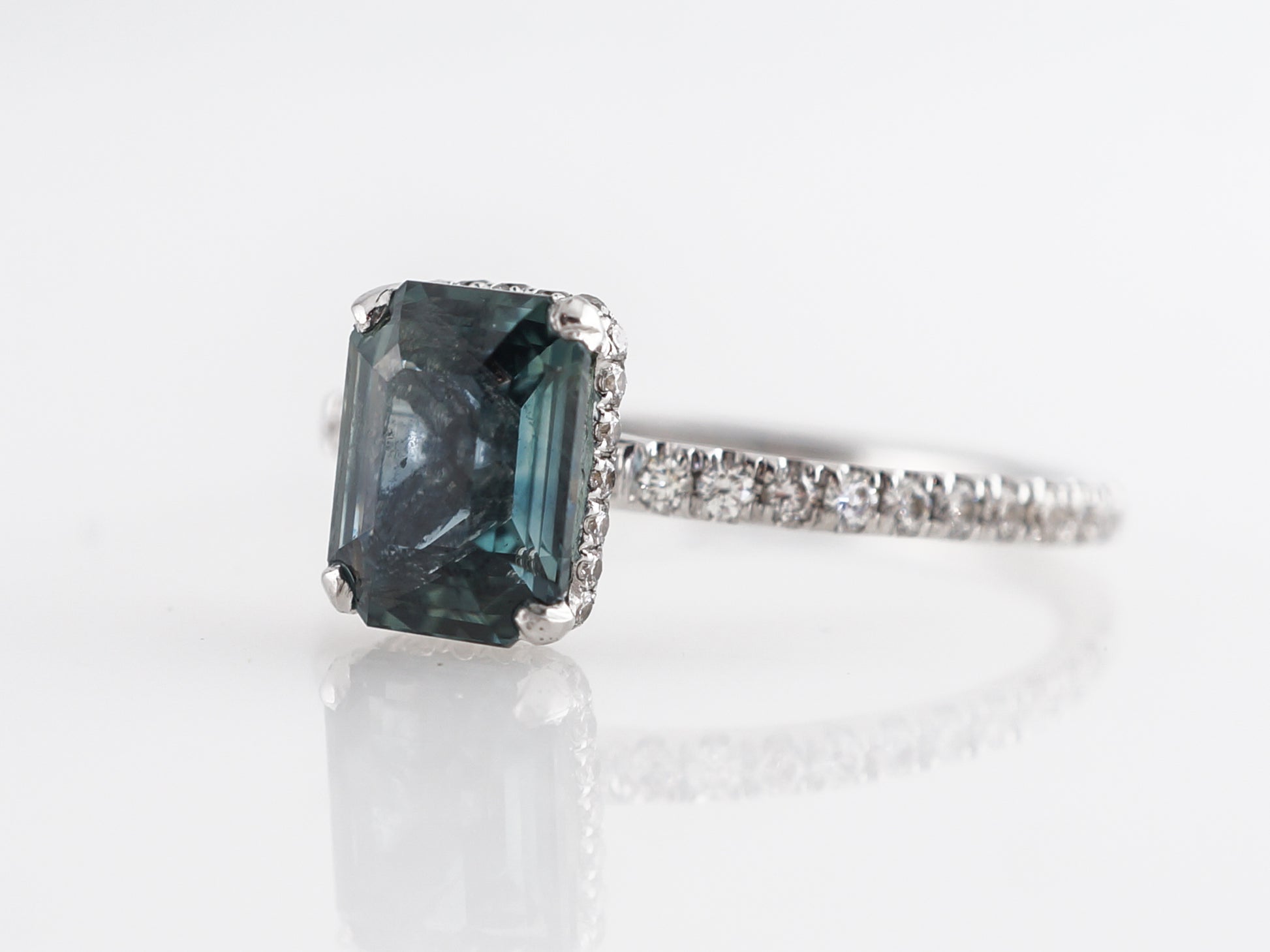 Green Sapphire & Diamond Engagement Ring in 14k White Gold