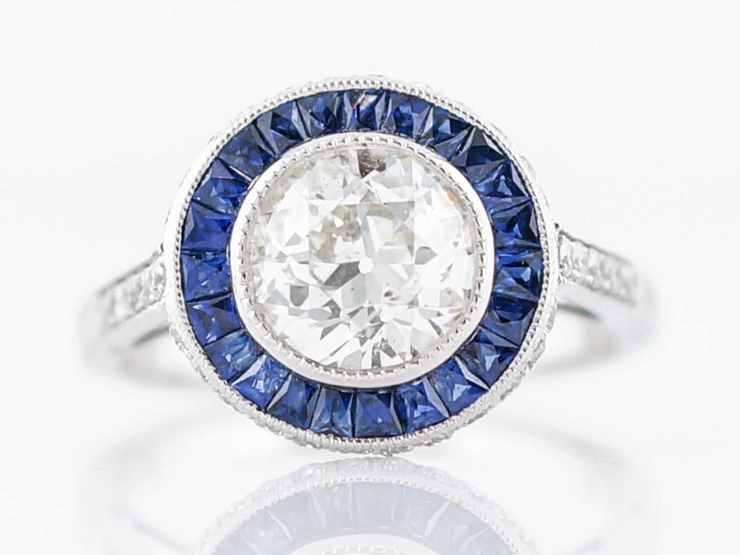 Engagement Ring Modern 1.50 Round Brilliant Cut Diamond & .66 French Cut Sapphires in Platinum