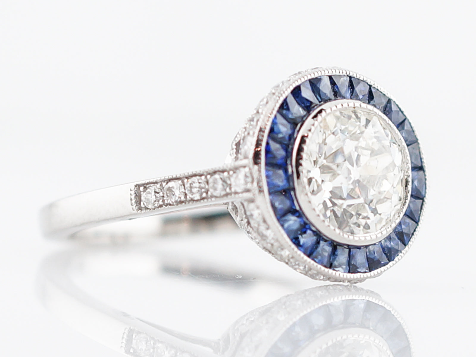 Engagement Ring Modern 1.50 Round Brilliant Cut Diamond & .66 French Cut Sapphires in Platinum