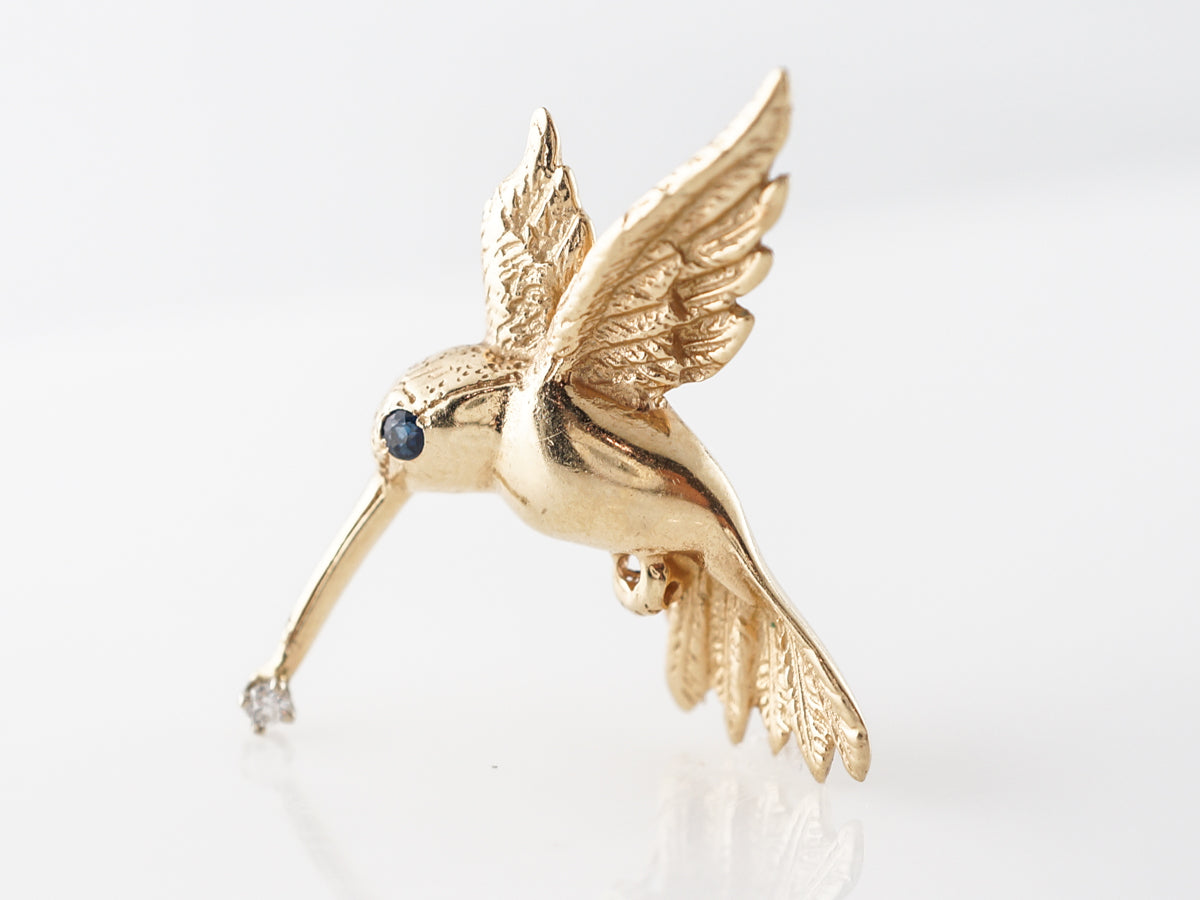 Hummingbird Brooch w/ Sapphire & Diamond in Yellow Gold