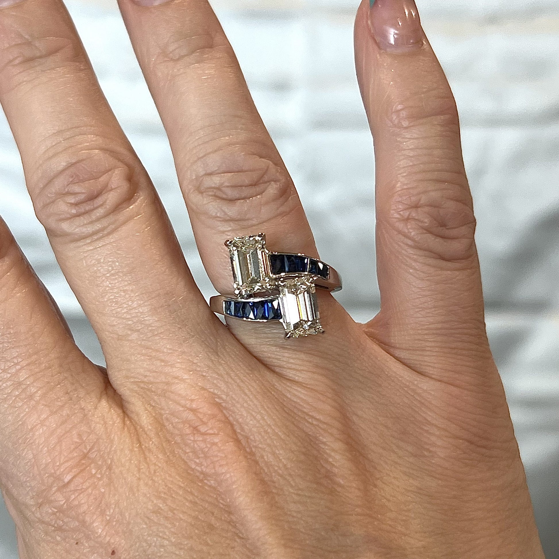 Diamond & Sapphire Bypass Engagement Ring in PlatinumComposition: PlatinumRing Size: 5.75Total Diamond Weight: 3.00 ctTotal Gram Weight: 8.0 g
