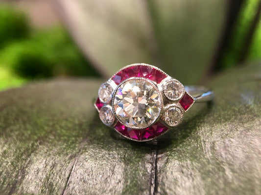 Engagement Ring Art Deco Inspired Modern 1.09 Round Brilliant Cut Diamond & Ruby in Platinum