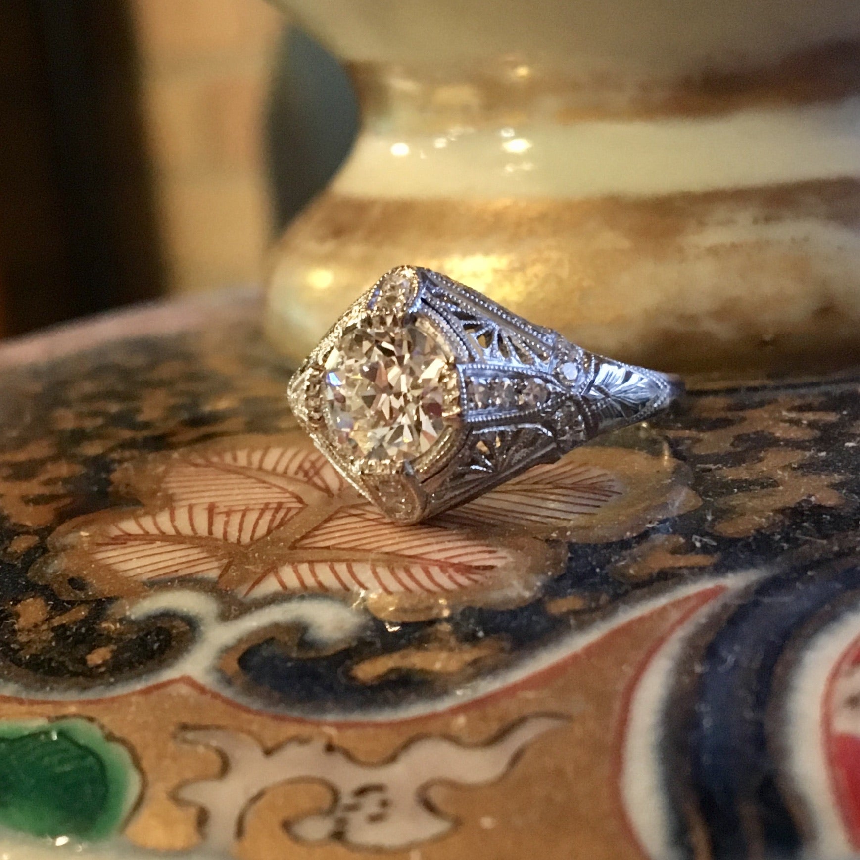 Antique Engagement Ring Art Deco .98 Old European Cut Diamond in Platinum